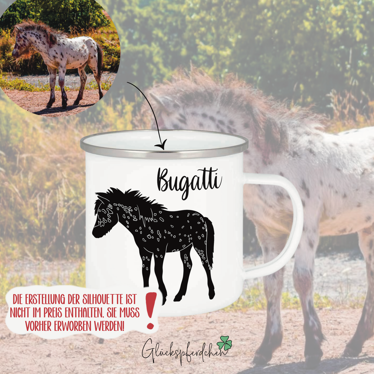 Emaille Tasse Silhouette eigenes Pferd